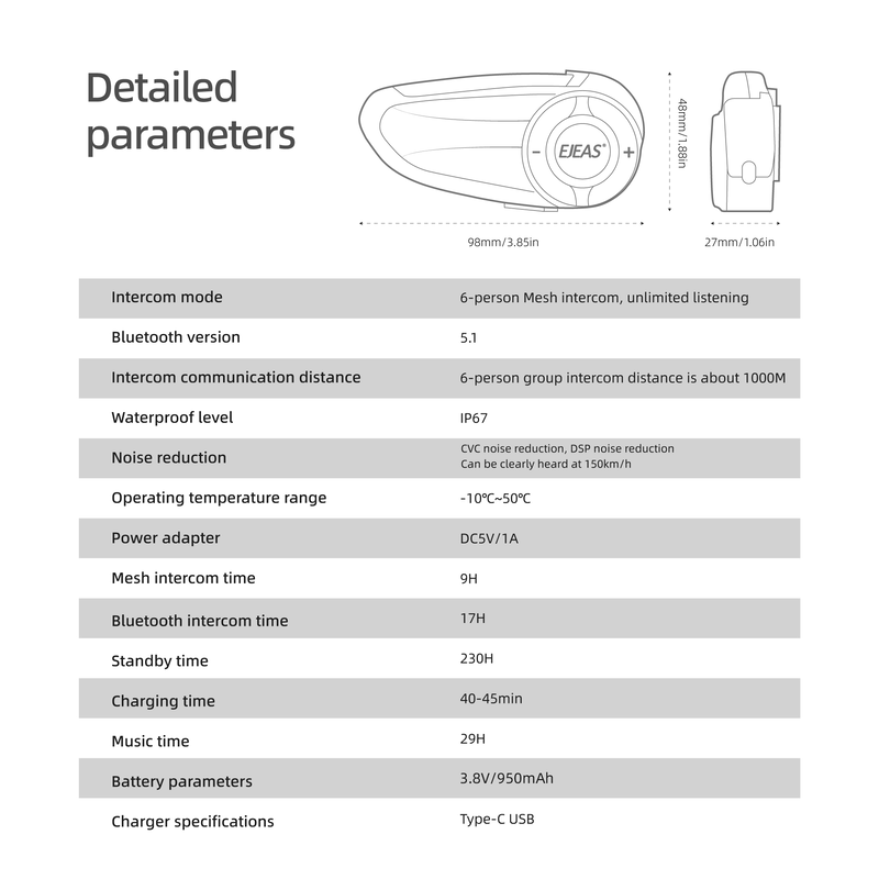EJEAS Q8 Sistema de Auriculares de Intercomunicación de Malla para Casco de Moto