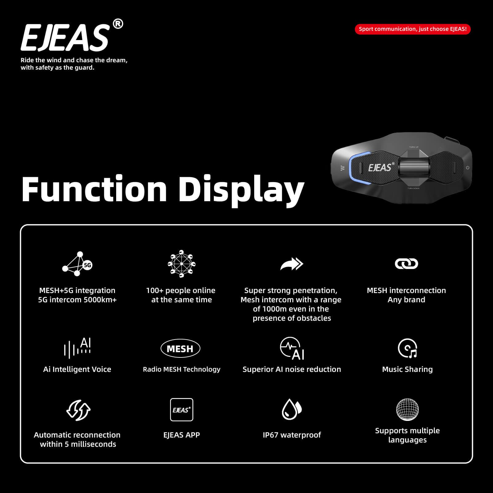 EJEAS Phantom X10 Plus MESH+5G Sistema di intercom per caschi da motocicletta